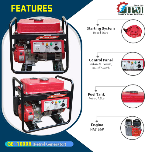 1 KVA ultra light weight portable  Petrol Generator, Recoil Start Model GE-1000R,  